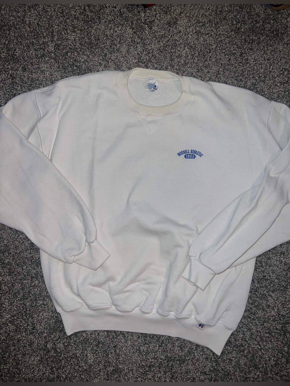 Russell Athletic White Crewneck Sweatshirt with Blue Logo